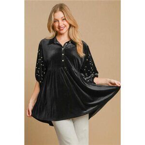 NWT Umgee Luxurious Black Velvet Pearl Detail Babydoll Blouse, Holiday Tunic Top